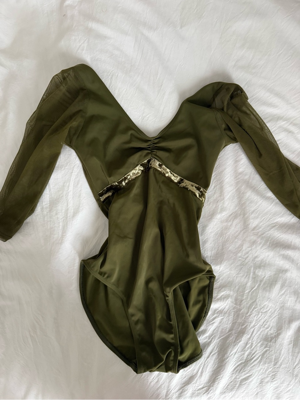 Class In Quarter Sleeve Mesh/Velvet Ballet Leotard in Olive